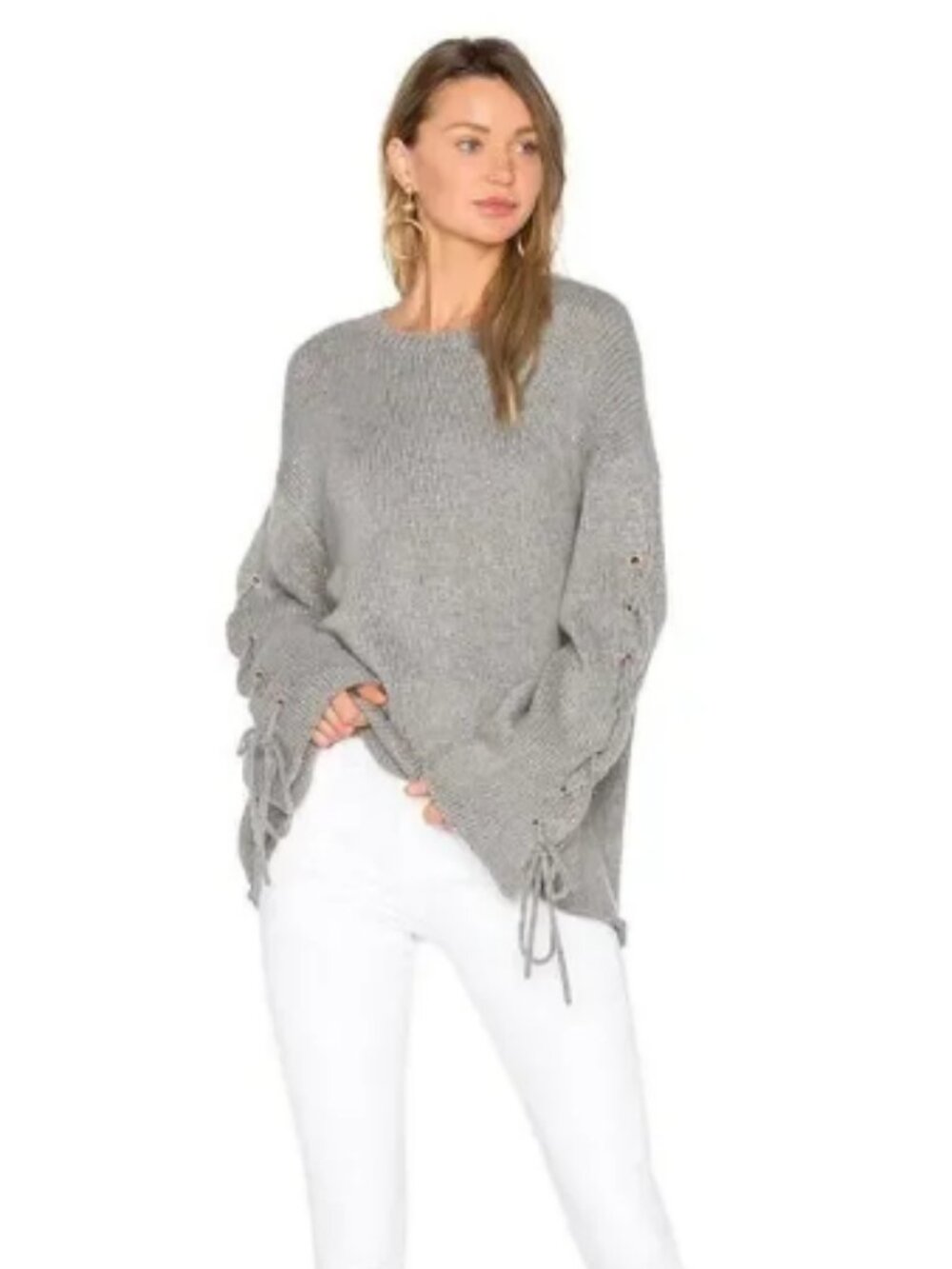 See by Chloe Wool Blend Knit Tie Sleeve Sweater in Silver Sage Size Small